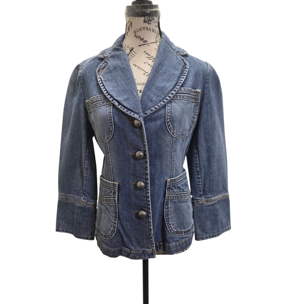 Banana Republic Denim Blazer Jacket Womens 8 Vintage Y2K Lapel Patch Pockets